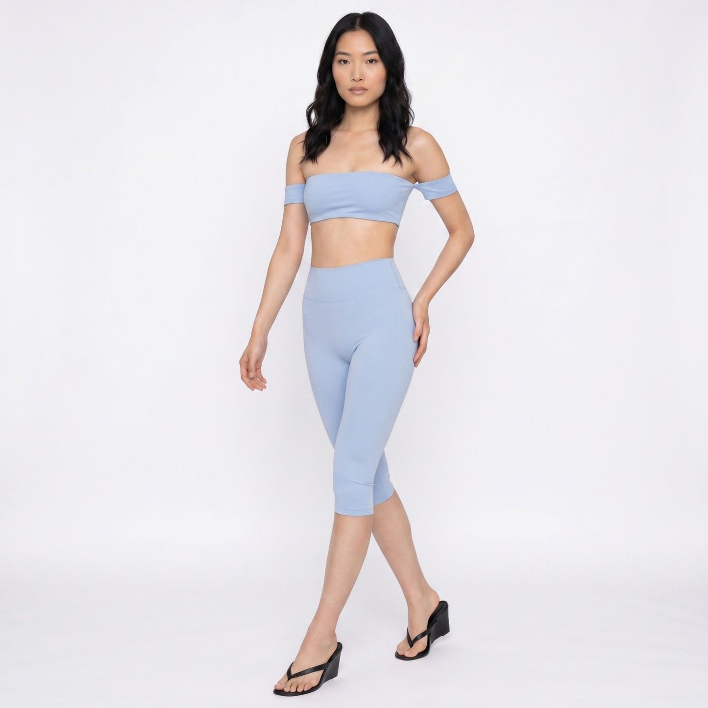 Off Shoulder Bandeau Sports Bra with Arm Strap Detail Smooth Stretch Active Top and Minimal Cropped Fit
