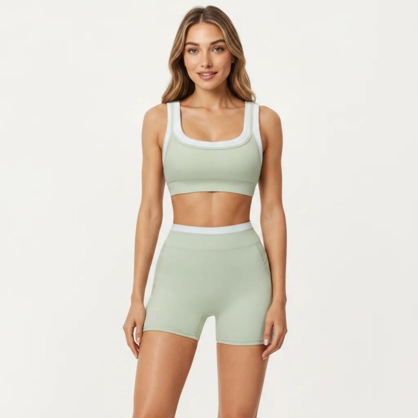 Contrast Trim Sports Bra with Square Neck and Smooth Stretch Fit