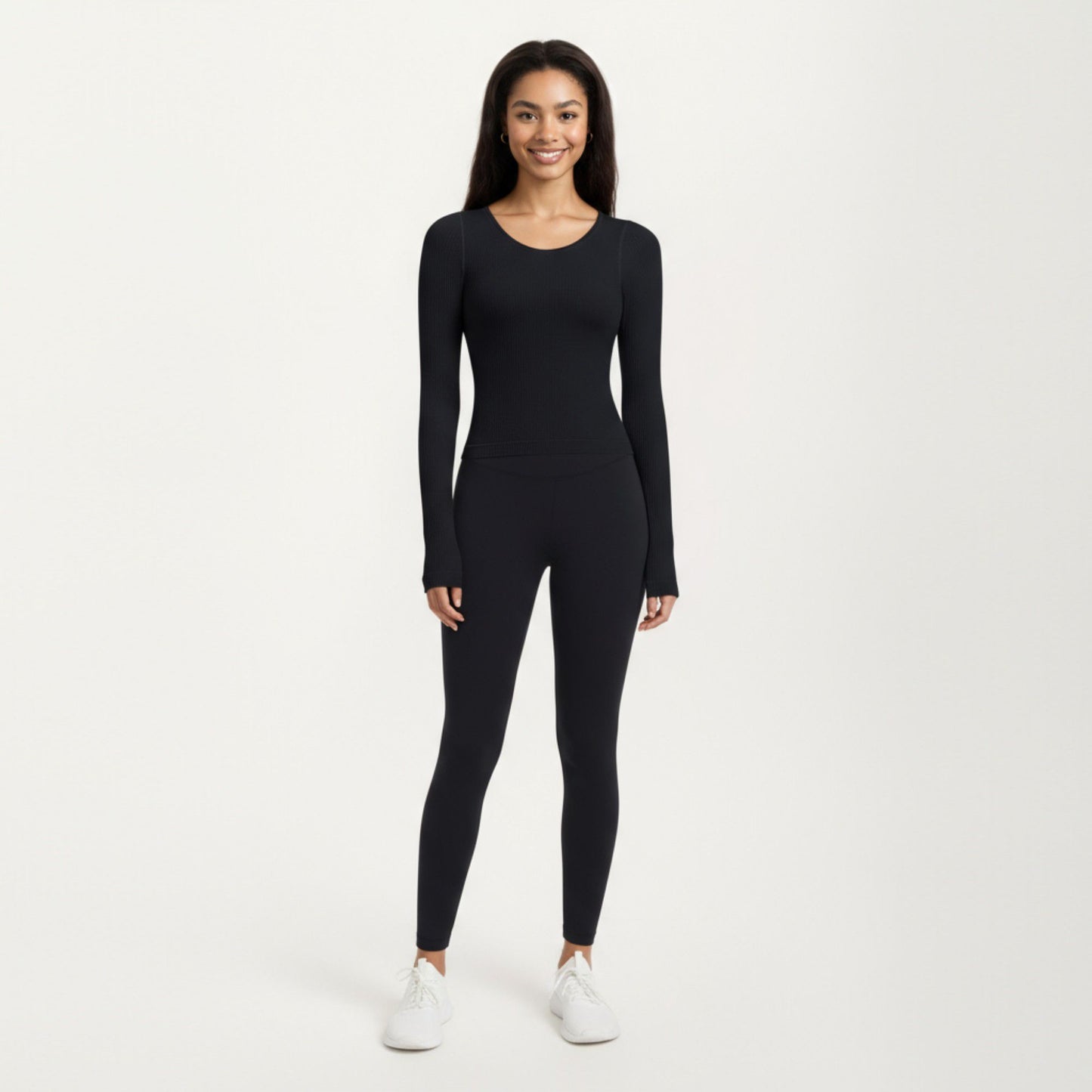 Ribbed Long Sleeve Fitted Top with Crew Neck and Thumbhole Cuffs