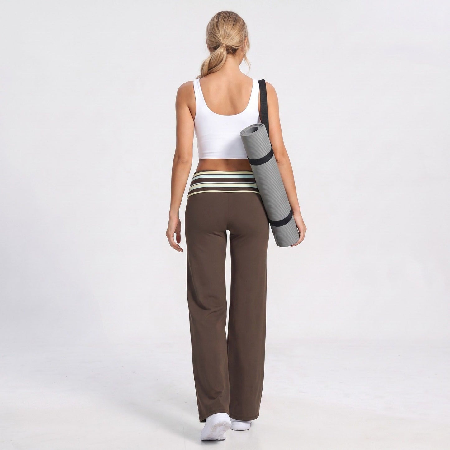 Striped Foldover Waist Wide Leg Yoga Pants Full Length Flowy Workout Trousers