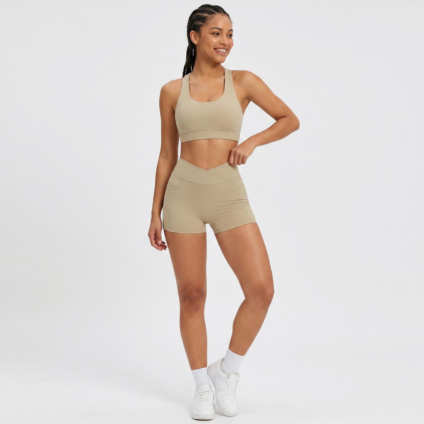 High Waist Crossover Waistband Pocket Workout Biker Shorts