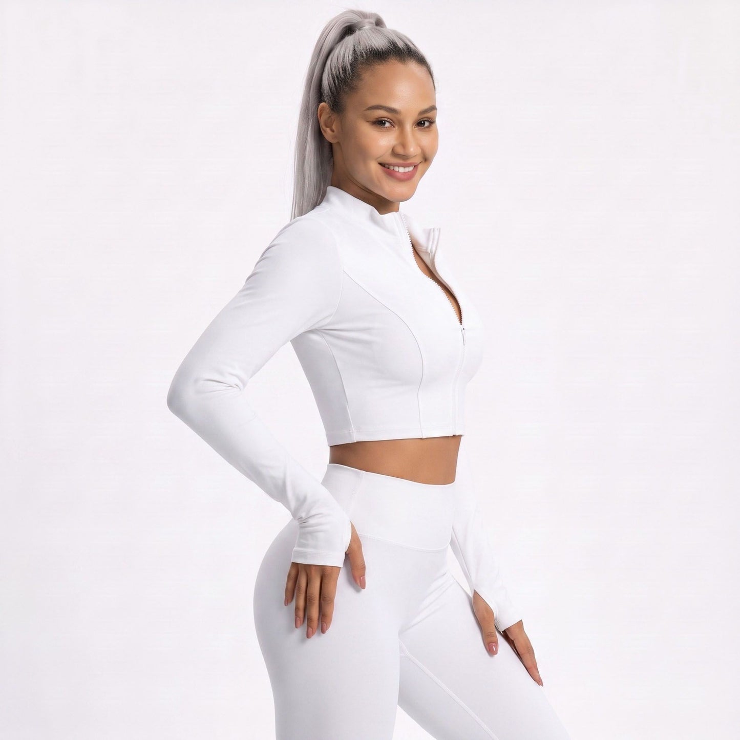 Cropped Full Zip Workout Jacket with Thumbholes