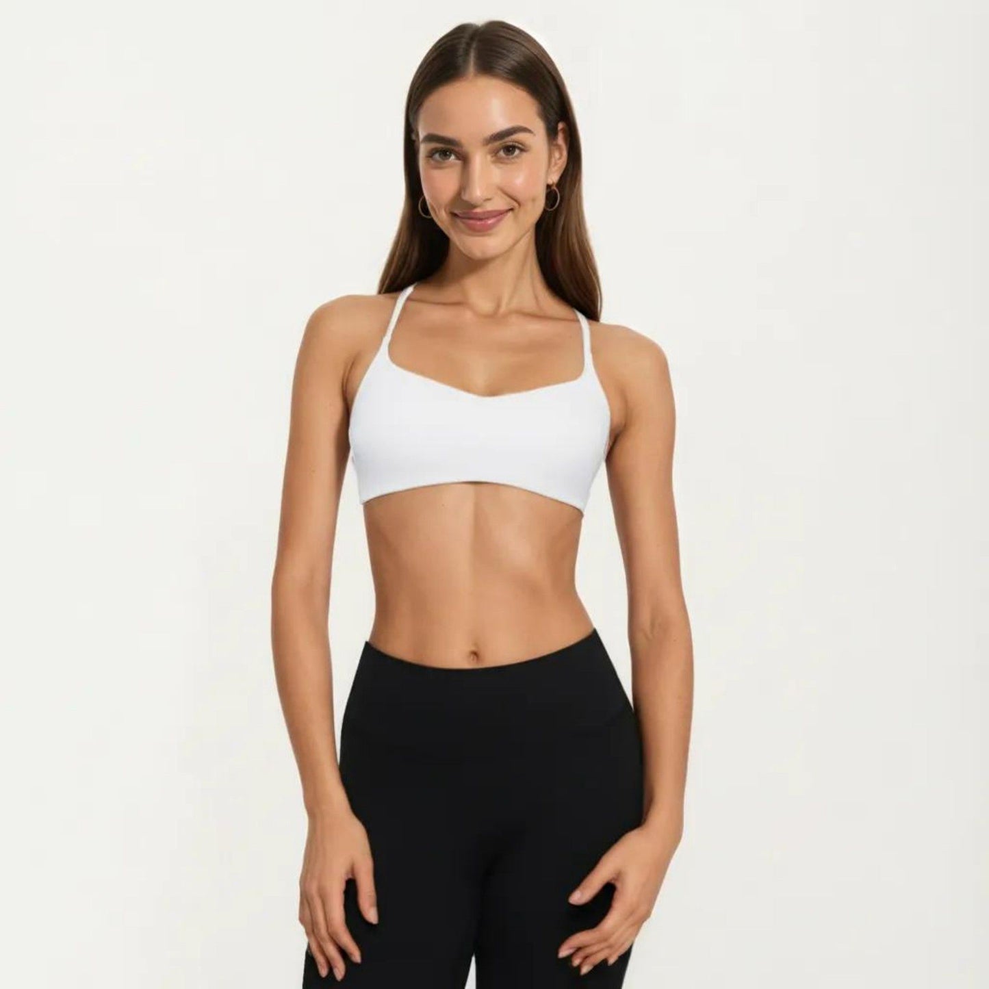 Strappy Sports Bra with Adjustable Cross Back and Scoop Neck Front