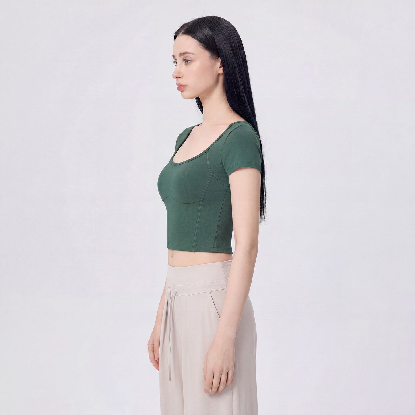 Short Sleeve Cropped Yoga Top with Built In Padding Scoop Neck Contoured Seam Activewear T Shirt