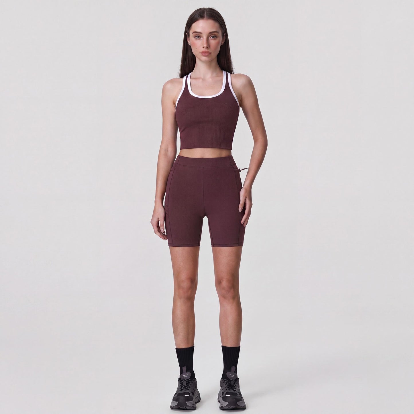 High Waist Ribbed Biker Shorts with Side Pocket and Adjustable Drawcord Detail