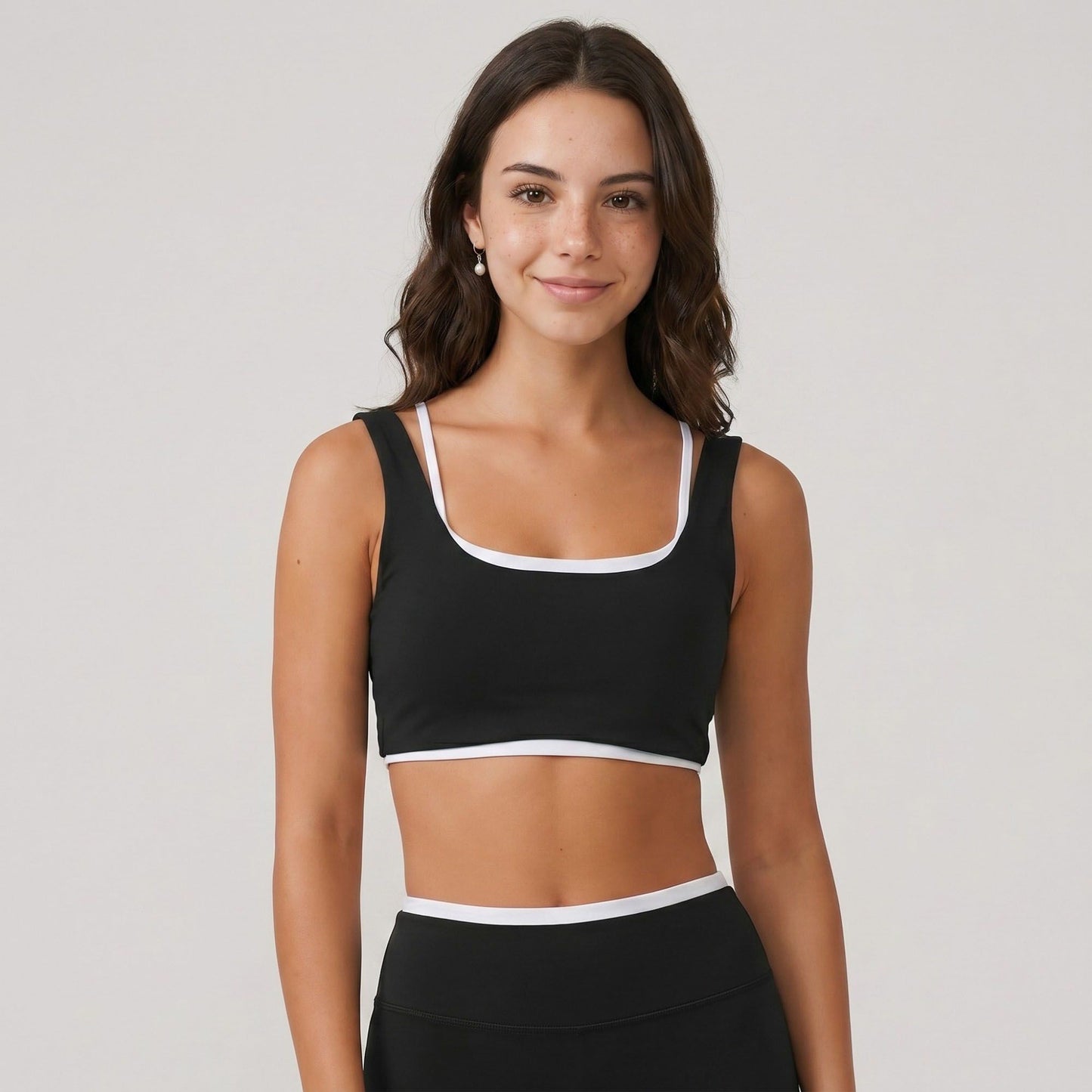 Padded Contrast Trim Sports Bra Tank Top Square Neck Workout Yoga Crop Top