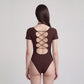 Short Sleeve One Piece Active Bodysuit with Built In Padding Open Back Stretch Fit and Quick Dry Fabric