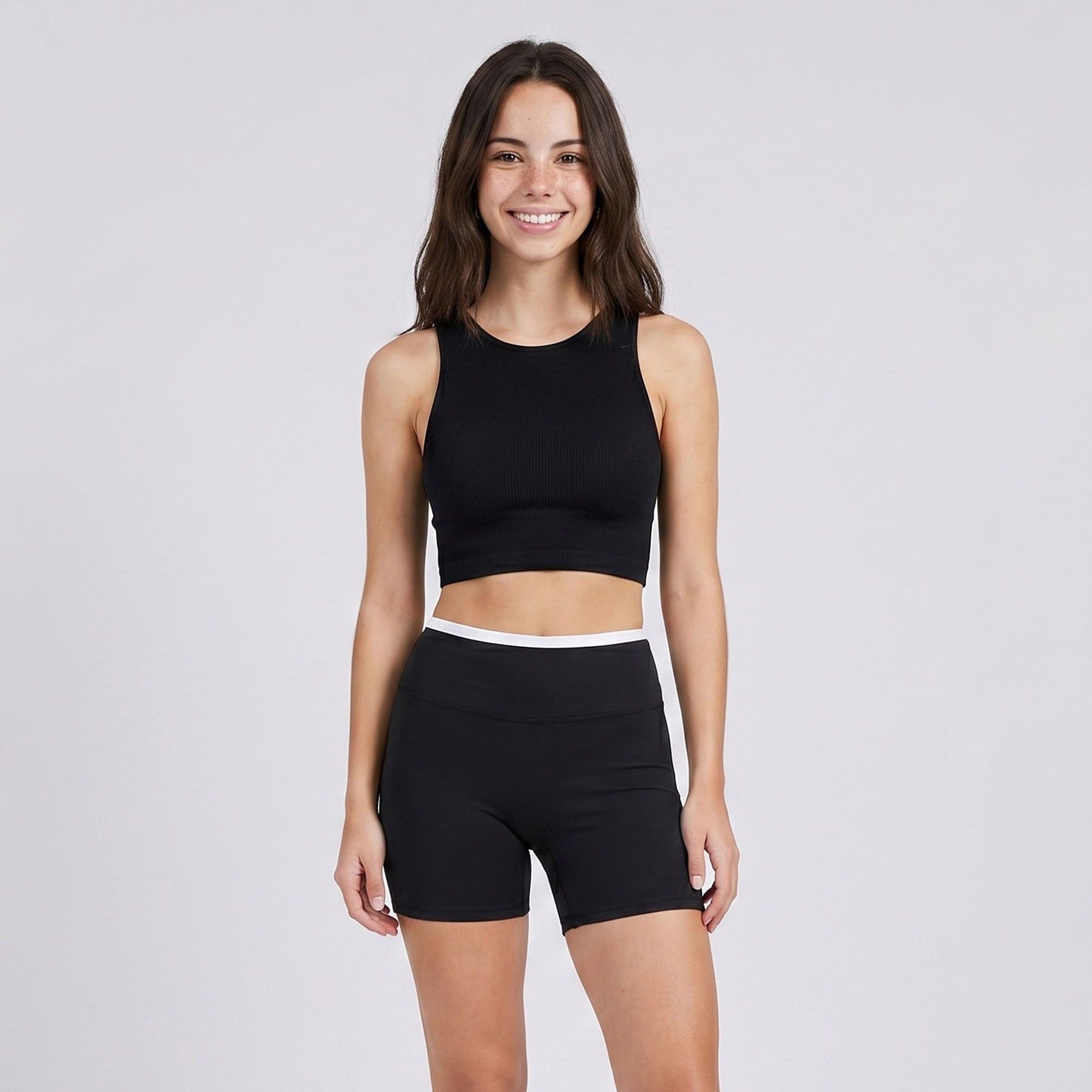 High Waist Biker Shorts with Wide Waistband Mid Thigh Length Smooth Stretch Fit and Pull On Activewear Design