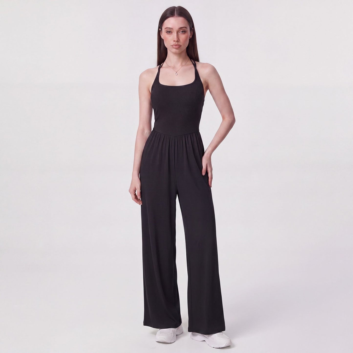 Sleeveless Halter Neck Wide Leg Jumpsuit with Ribbed Bodice Gathered Waist and Flowy Pants