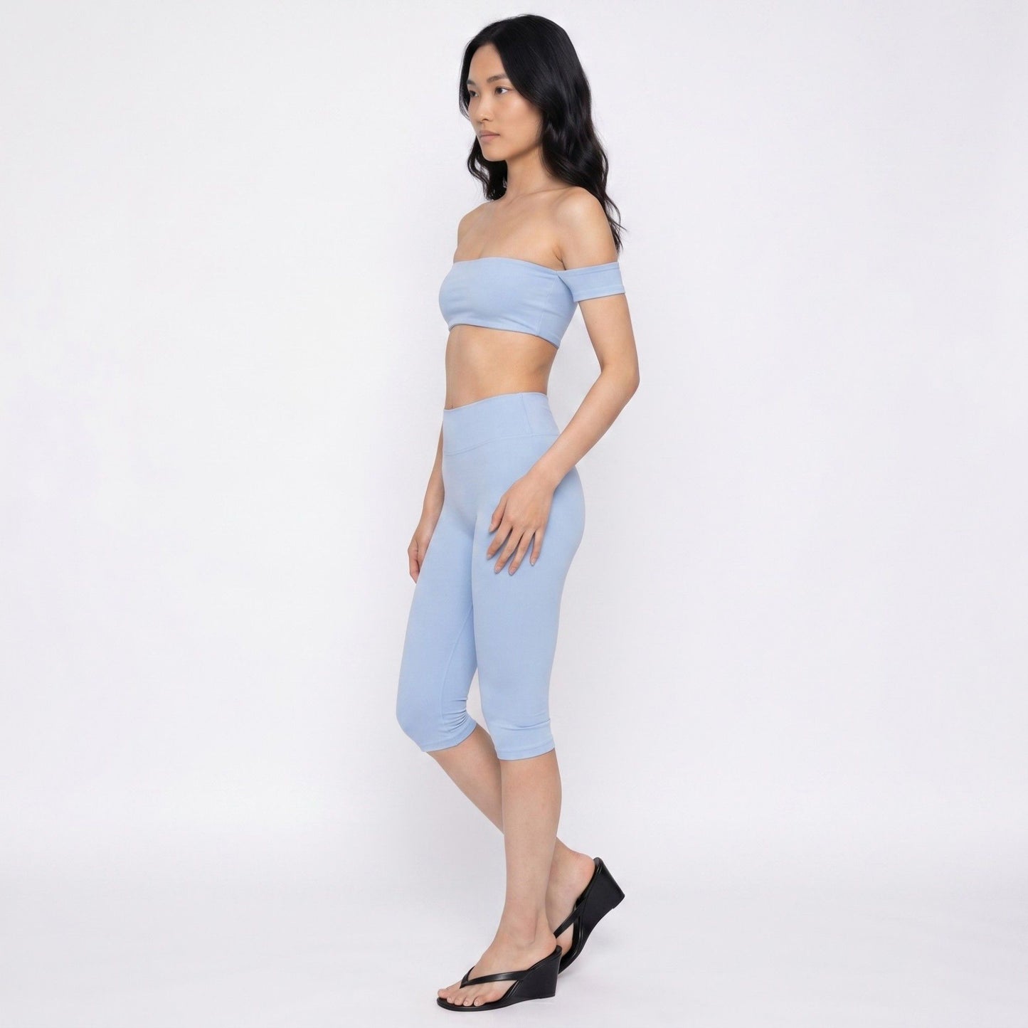Off Shoulder Bandeau Sports Bra with Arm Strap Detail Smooth Stretch Active Top and Minimal Cropped Fit