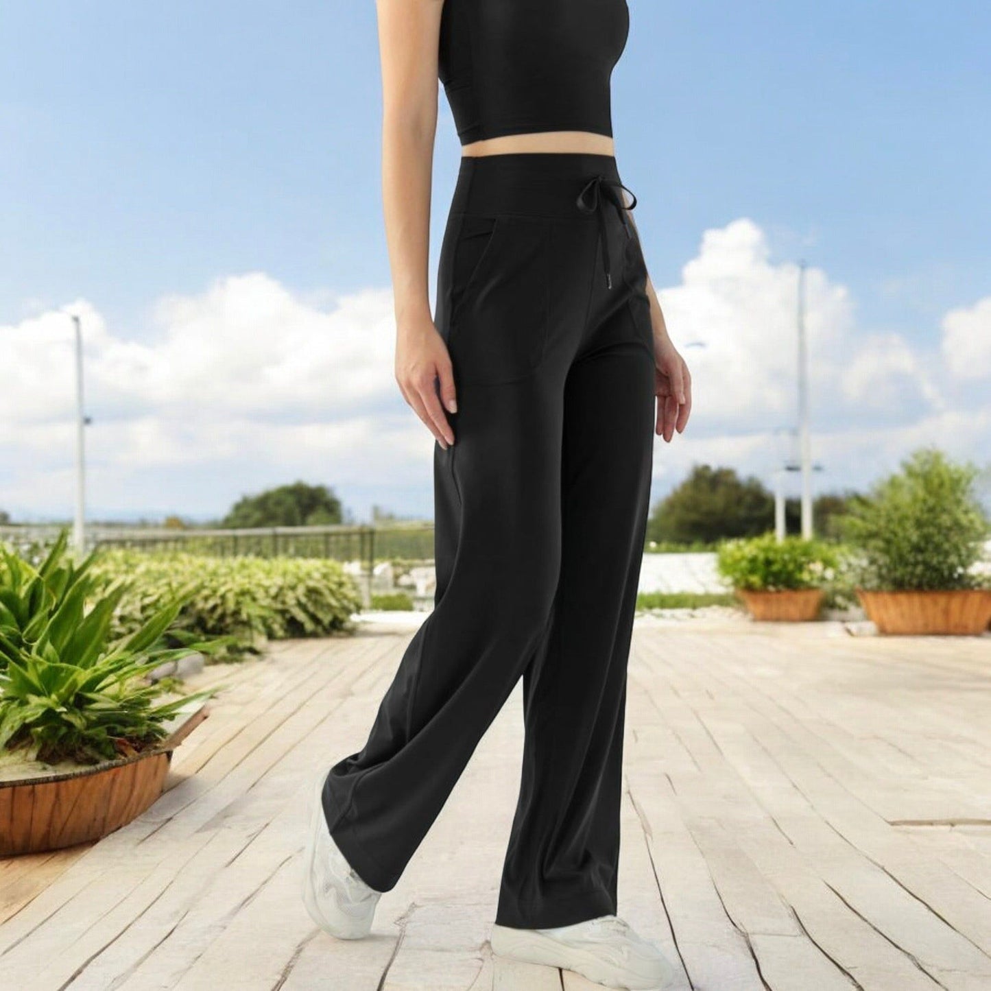 High Waisted Wide Leg Lounge Pants with Drawstring and Pockets