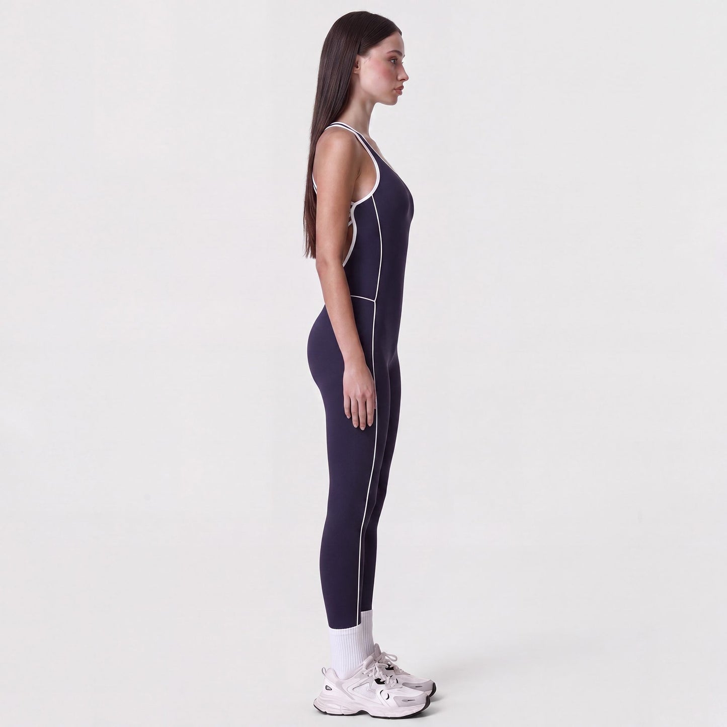 Sleeveless One Piece Active Jumpsuit with Contrast Piping Scoop Neck and Full Length Legging Fit