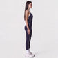 Sleeveless One Piece Active Jumpsuit with Contrast Piping Scoop Neck and Full Length Legging Fit