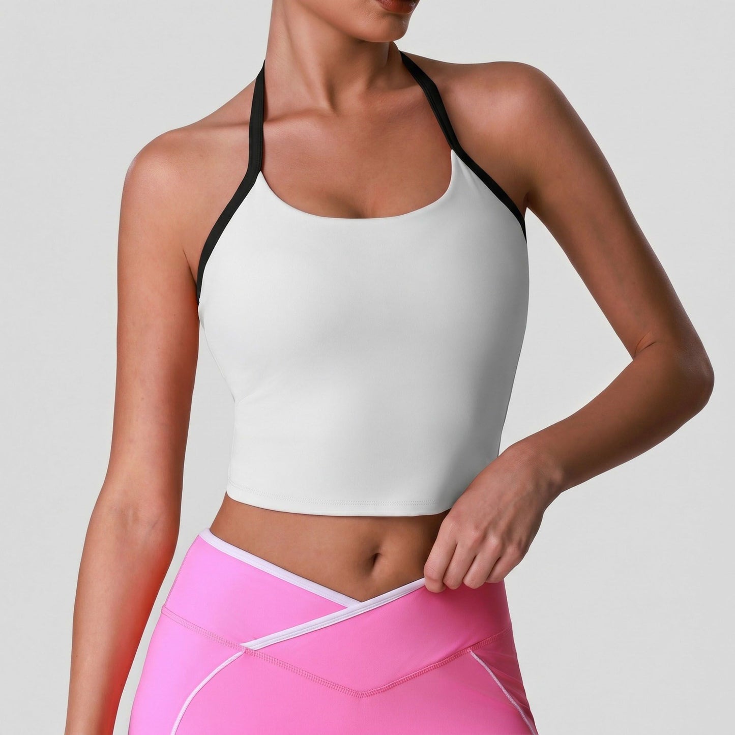 Padded Halter Sports Bra Tank Top Contrast Trim Workout Yoga Crop Top
