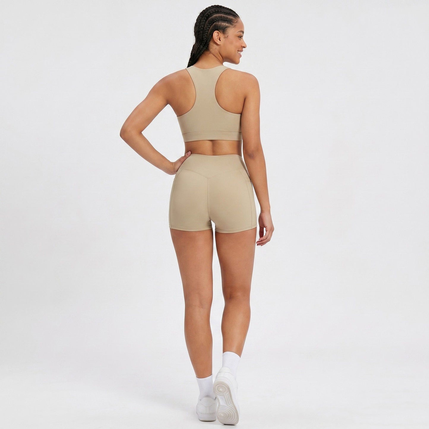 High Waist Crossover Waistband Pocket Workout Biker Shorts