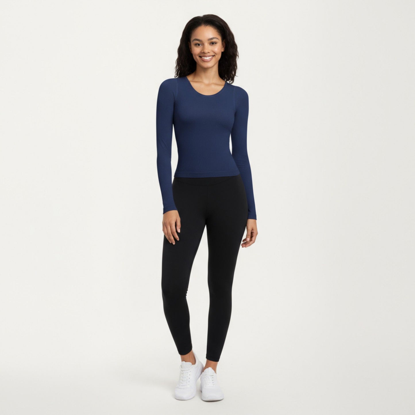 Ribbed Long Sleeve Fitted Top with Crew Neck and Thumbhole Cuffs