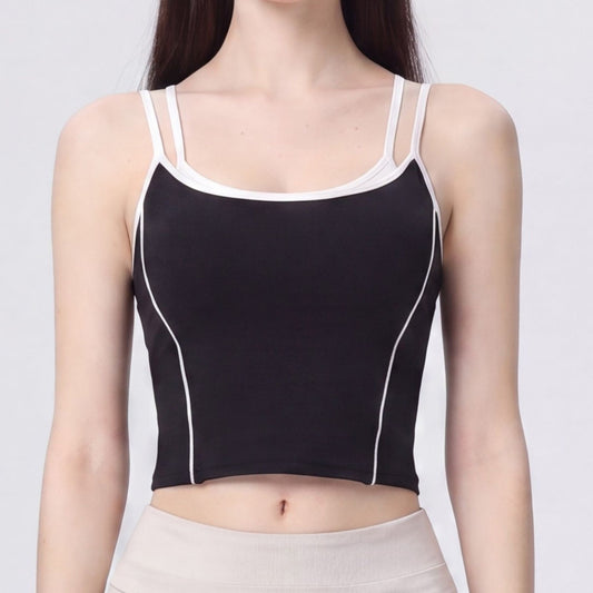 Contrast Trim Double Strap Cropped Cami Tank Top with Fitted Light Support Activewear Design