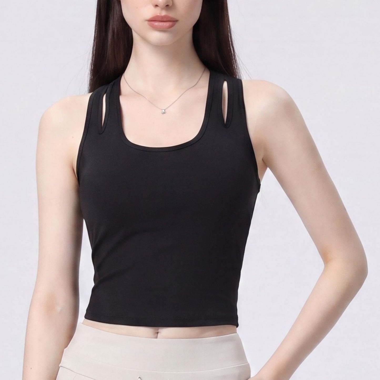 Sleeveless Yoga Tank Top with Built In Padding Scoop Neck Cutout Strap Detail and Fitted Activewear Silhouette