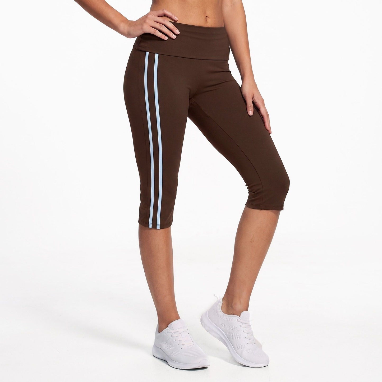 Foldover Waist Capri Leggings with Contrast Side Stripes