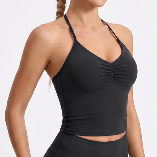 Ruched V Neck Halter Cropped Active Tank Top Fitted Workout Shirt for Yoga Dance