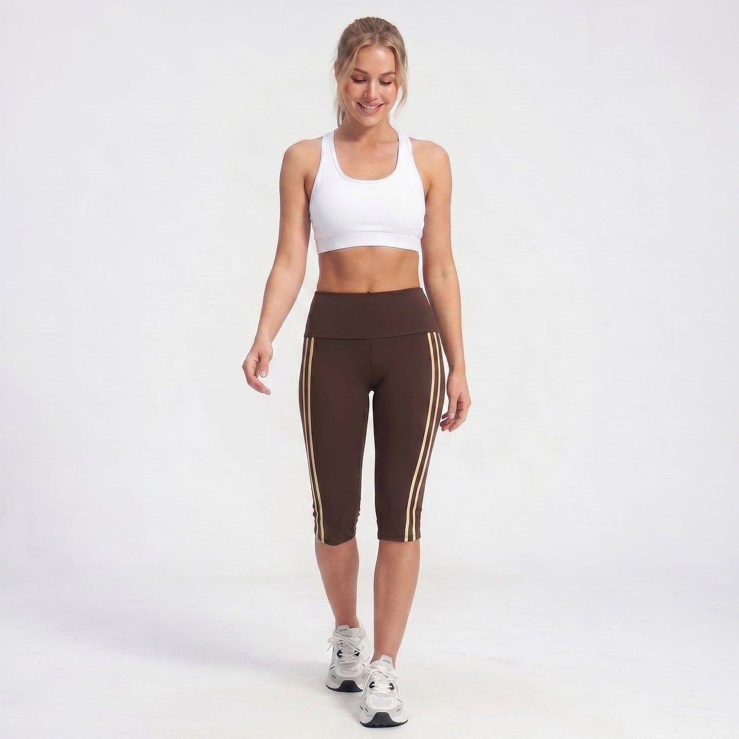 High Waist Side Stripe Capri Leggings Wide Waistband Cropped Workout Yoga Pants