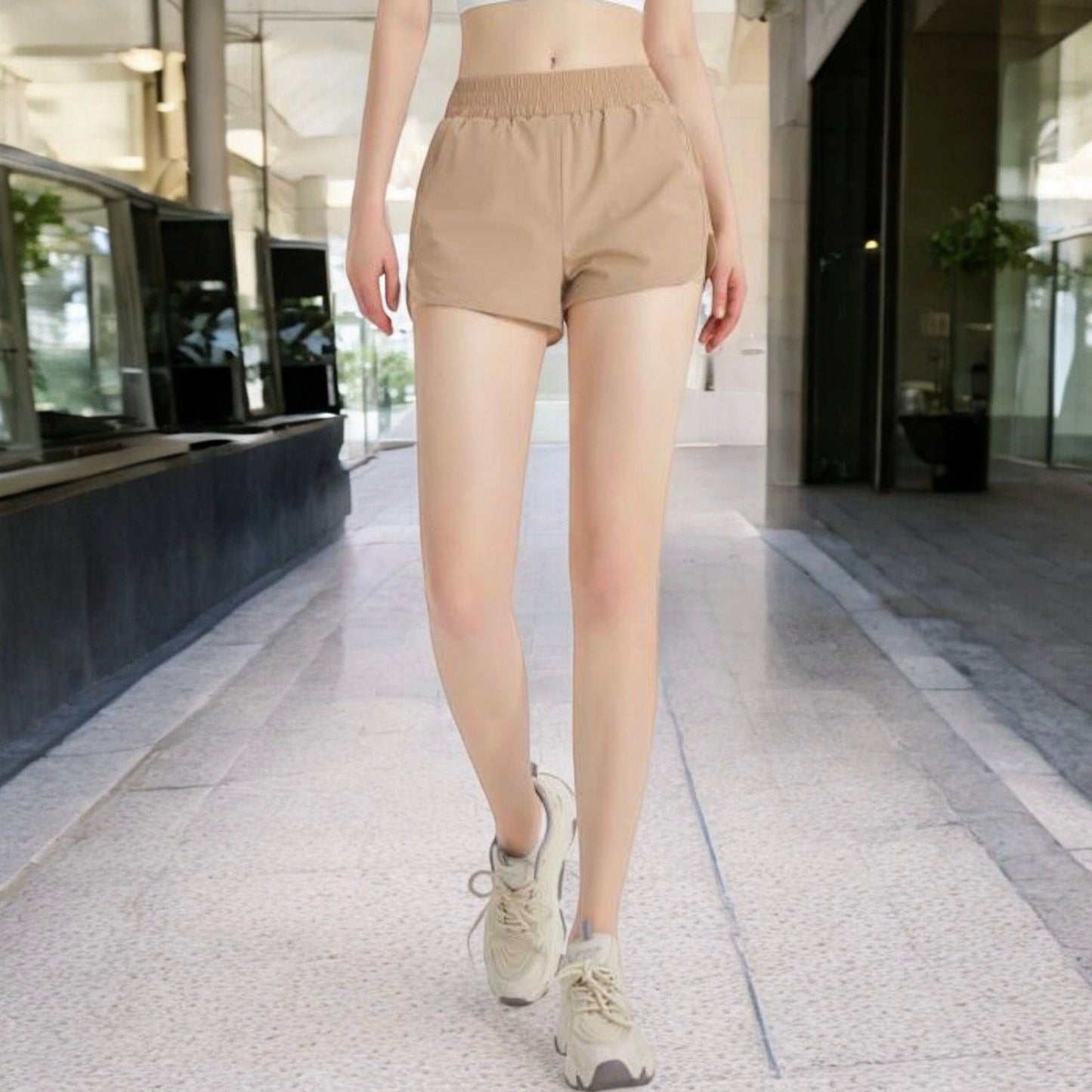 High Waist Athletic Shorts with Elastic Waistband and Side Pockets