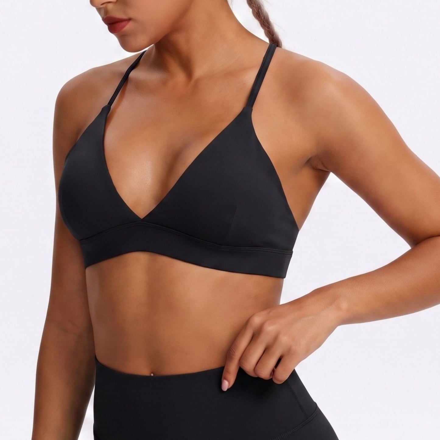 V Neck Cross Back Sports Bra Adjustable Strap Workout Top