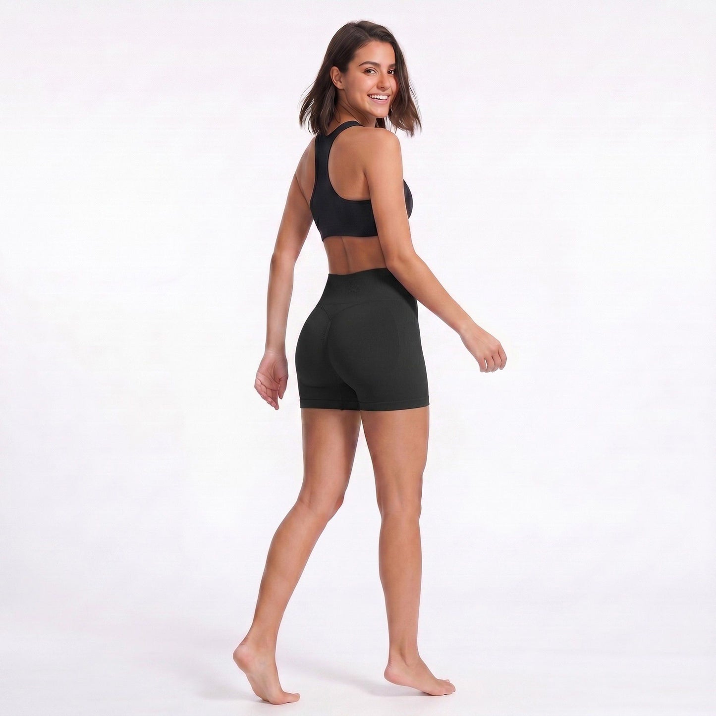 High Waist Seamless Workout Shorts Ribbed Waistband Yoga Biker Shorts