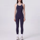 Sleeveless One Piece Active Jumpsuit with Contrast Piping Scoop Neck and Full Length Legging Fit