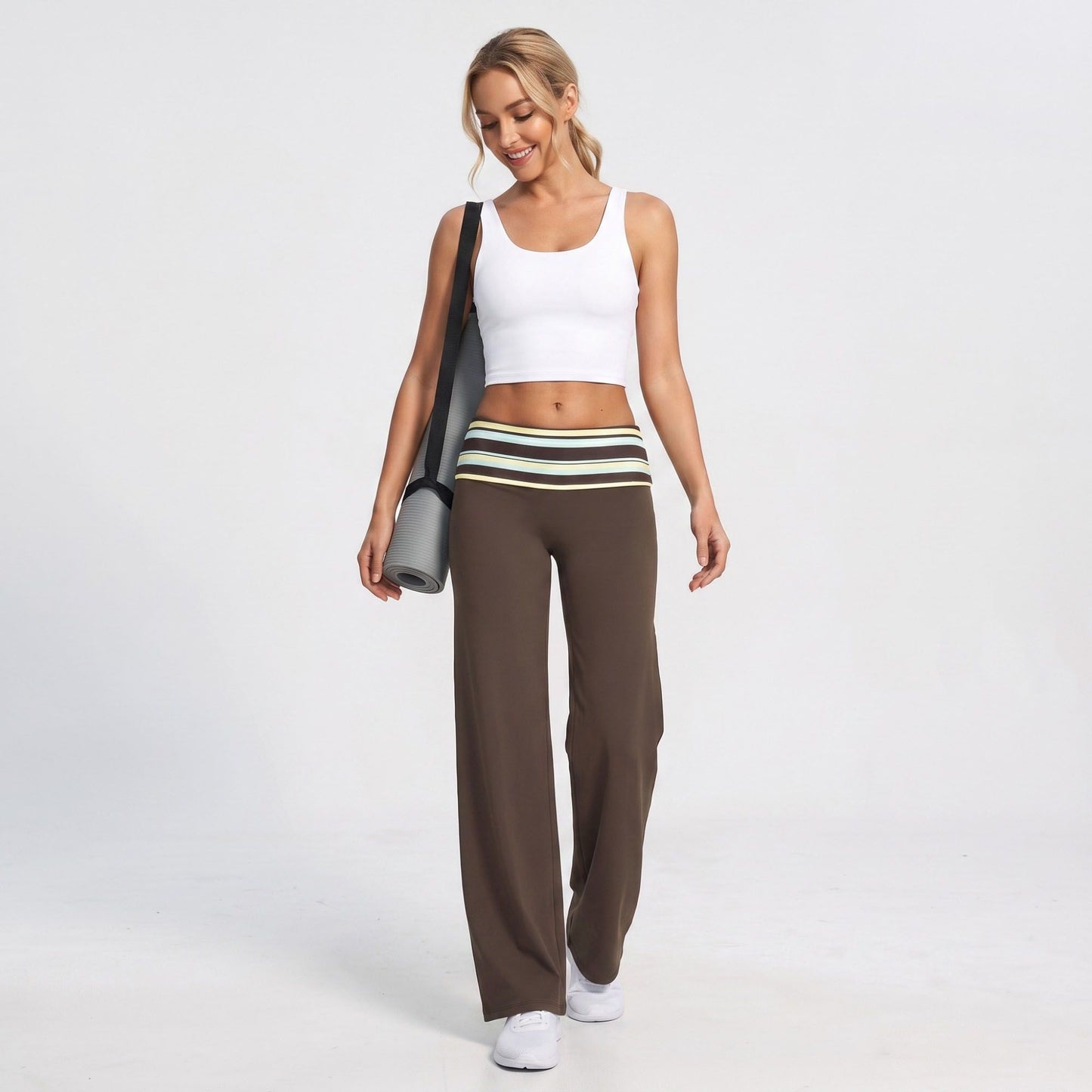 Striped Foldover Waist Wide Leg Yoga Pants Full Length Flowy Workout Trousers