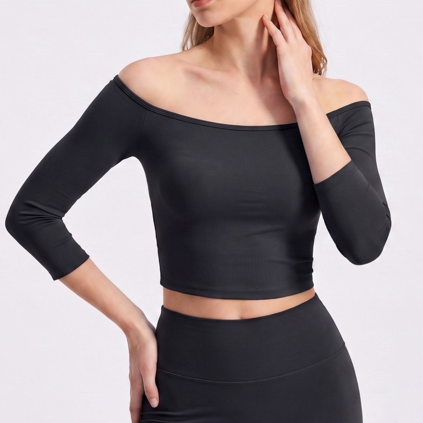 Off Shoulder 3/4 Sleeve Crop Workout Top