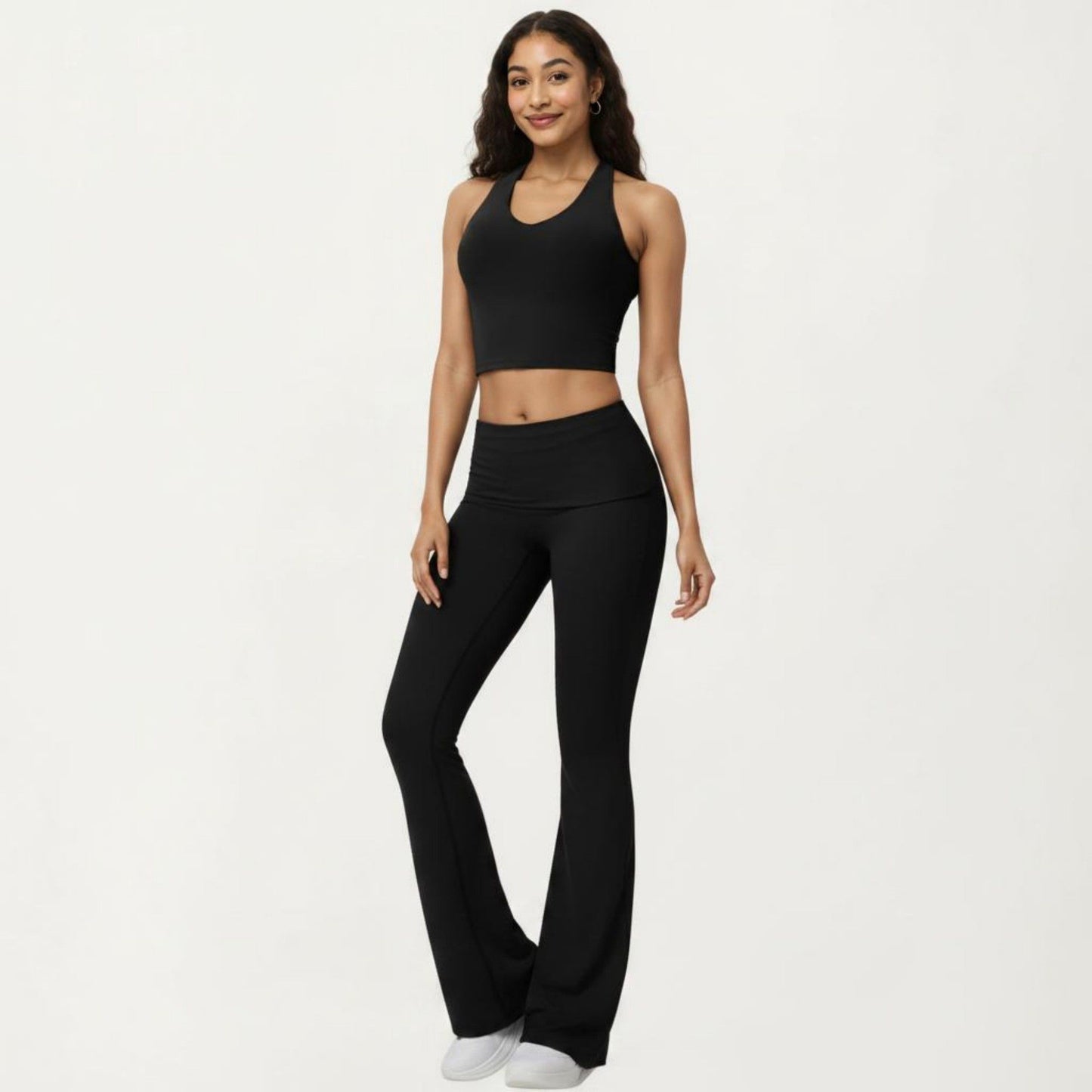 Foldover Waist Flare Leggings with Smooth Stretch Knit Fabric