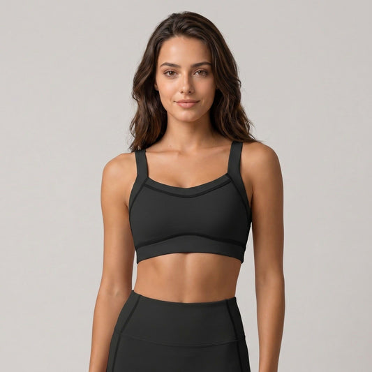 Wide Strap Sports Bra Scoop Neck High Impact Supportive Workout Yoga Gym Crop Top
