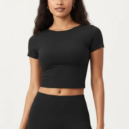 Short Sleeve Cropped Active Top with Crew Neck and Smooth Stretch Fit