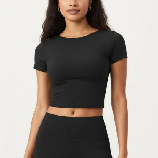 Short Sleeve Cropped Active Top with Crew Neck and Smooth Stretch Fit