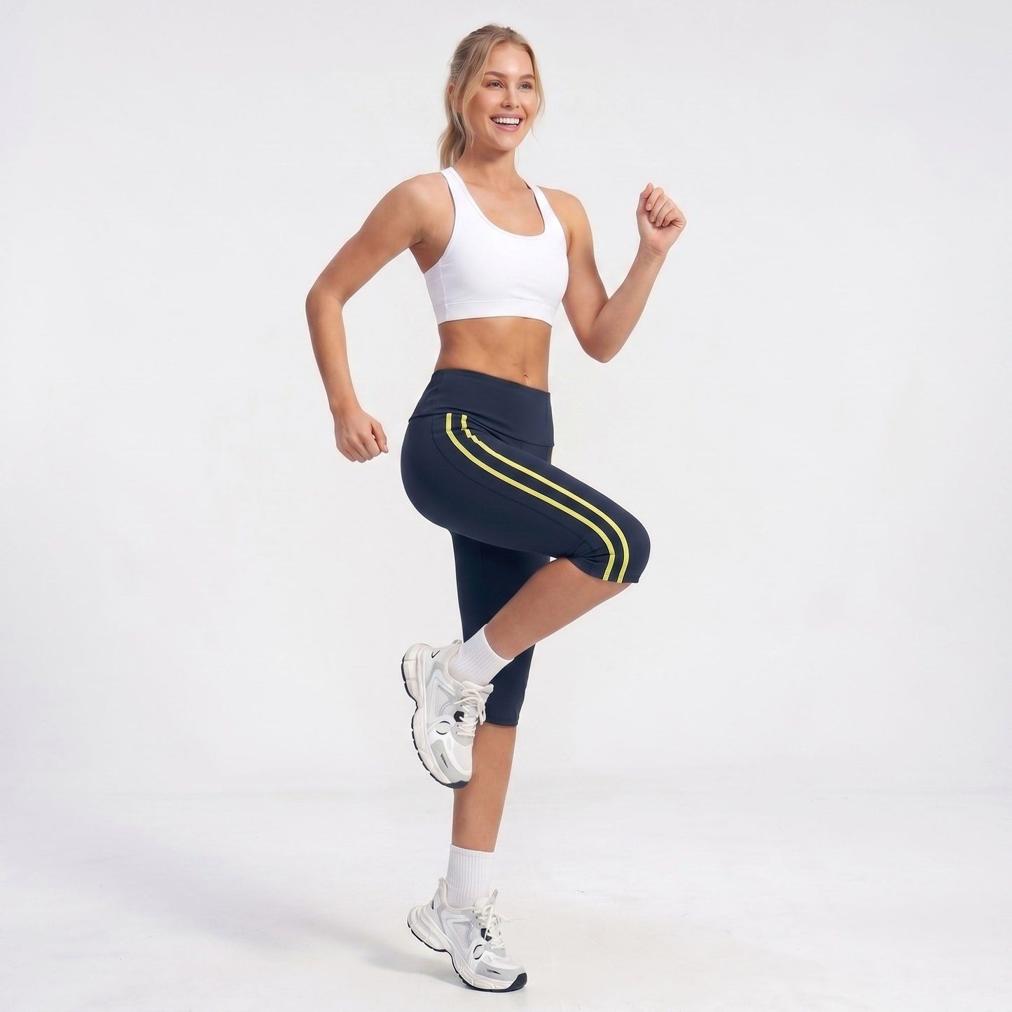 High Waist Side Stripe Capri Leggings Wide Waistband Cropped Workout Yoga Pants
