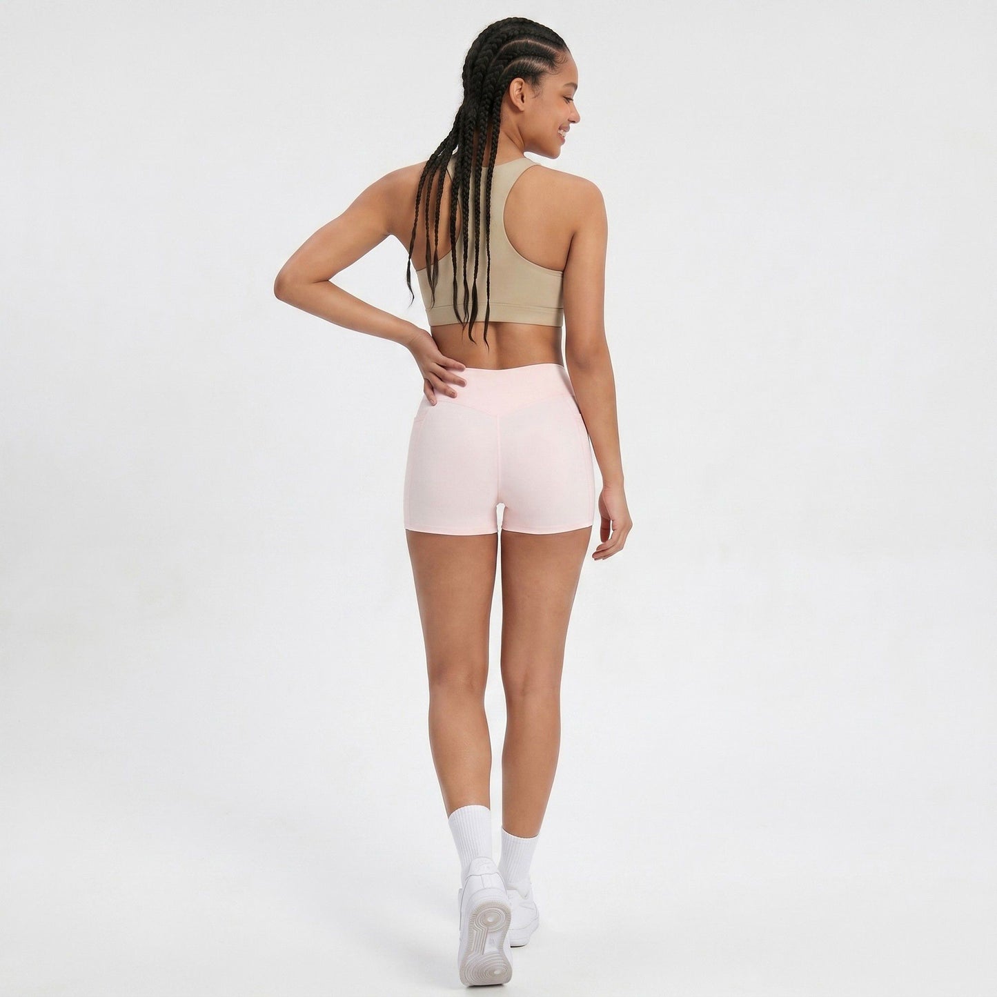 High Waist Crossover Waistband Pocket Workout Biker Shorts