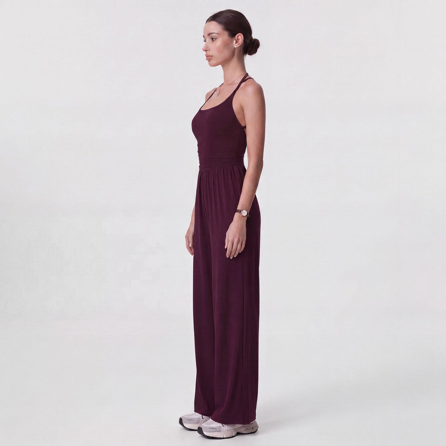 Sleeveless Halter Neck Wide Leg Jumpsuit with Ribbed Bodice Gathered Waist and Flowy Pants