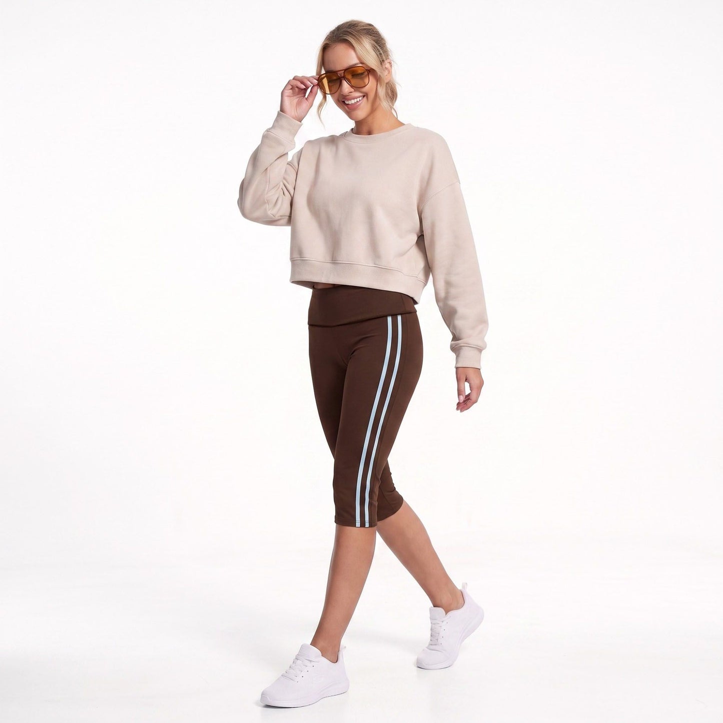 Foldover Waist Capri Leggings with Contrast Side Stripes