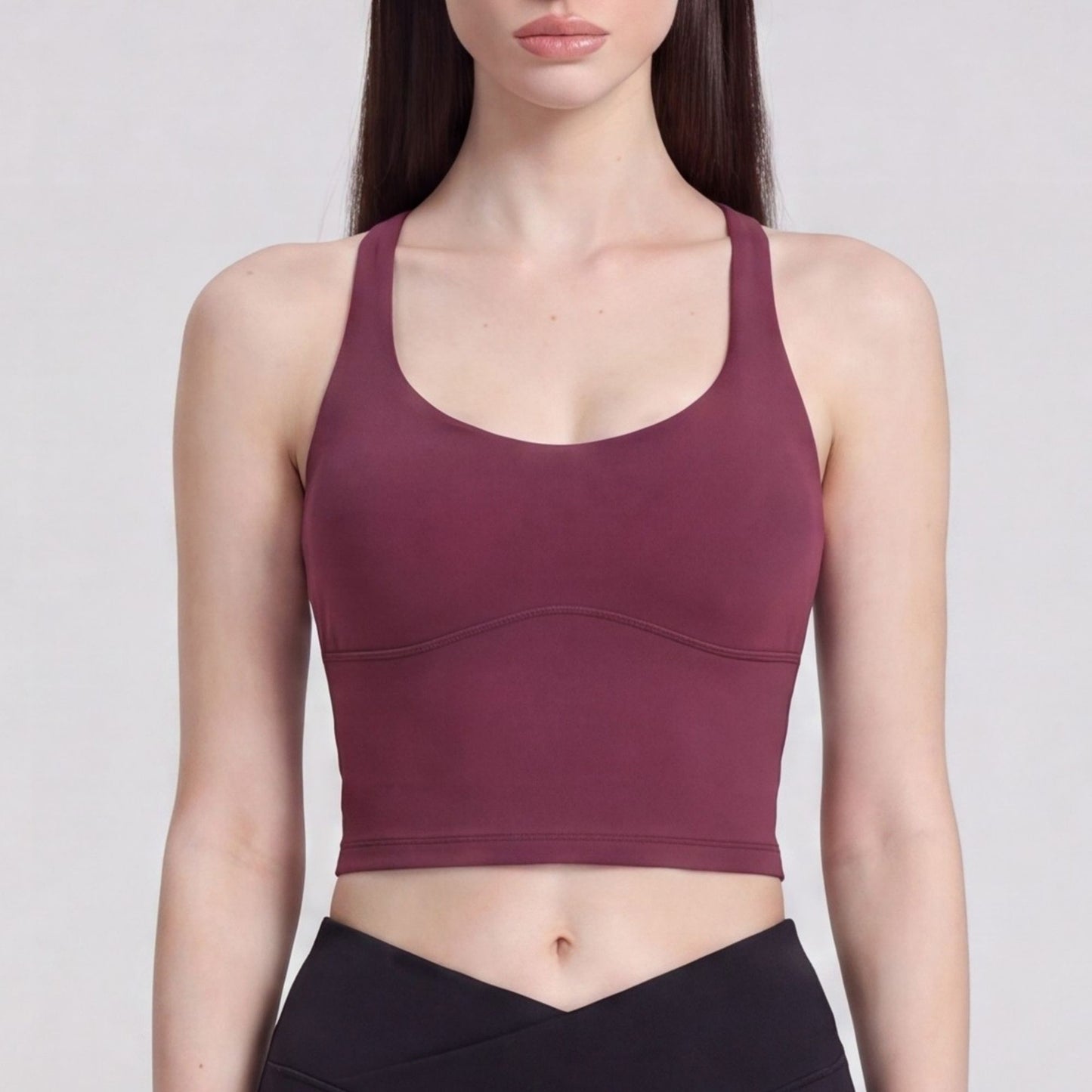 Cropped Yoga Tank Top with Built In Padding Scoop Neck Wide Strap Fitted Activewear Top