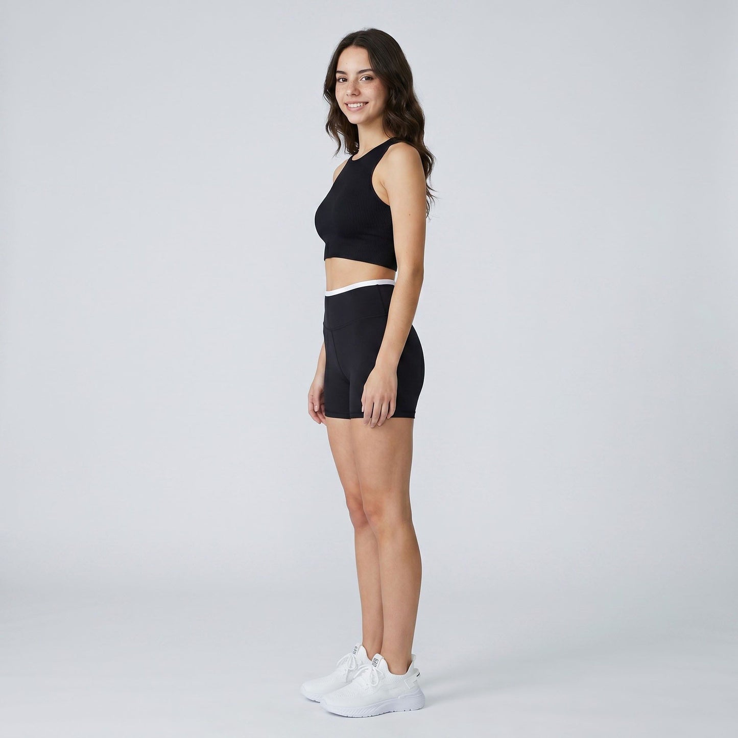 High Waist Biker Shorts with Wide Waistband Mid Thigh Length Smooth Stretch Fit and Pull On Activewear Design