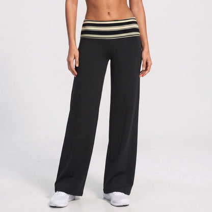 Striped Foldover Waist Wide Leg Yoga Pants Full Length Flowy Workout Trousers