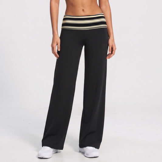 Striped Foldover Waist Wide Leg Yoga Pants Full Length Flowy Workout Trousers