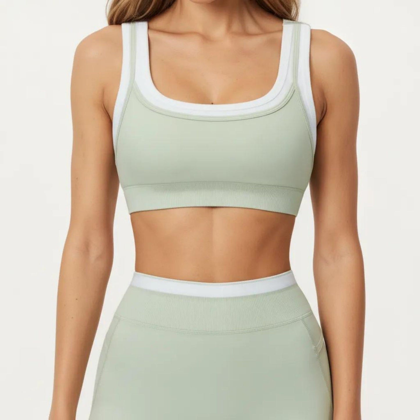 Contrast Trim Sports Bra with Square Neck and Smooth Stretch Fit