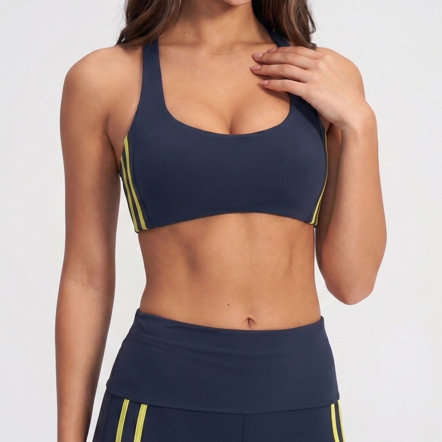 Padded Side Stripe Sports Bra Tank Top Scoop Neck Workout Yoga Crop Top