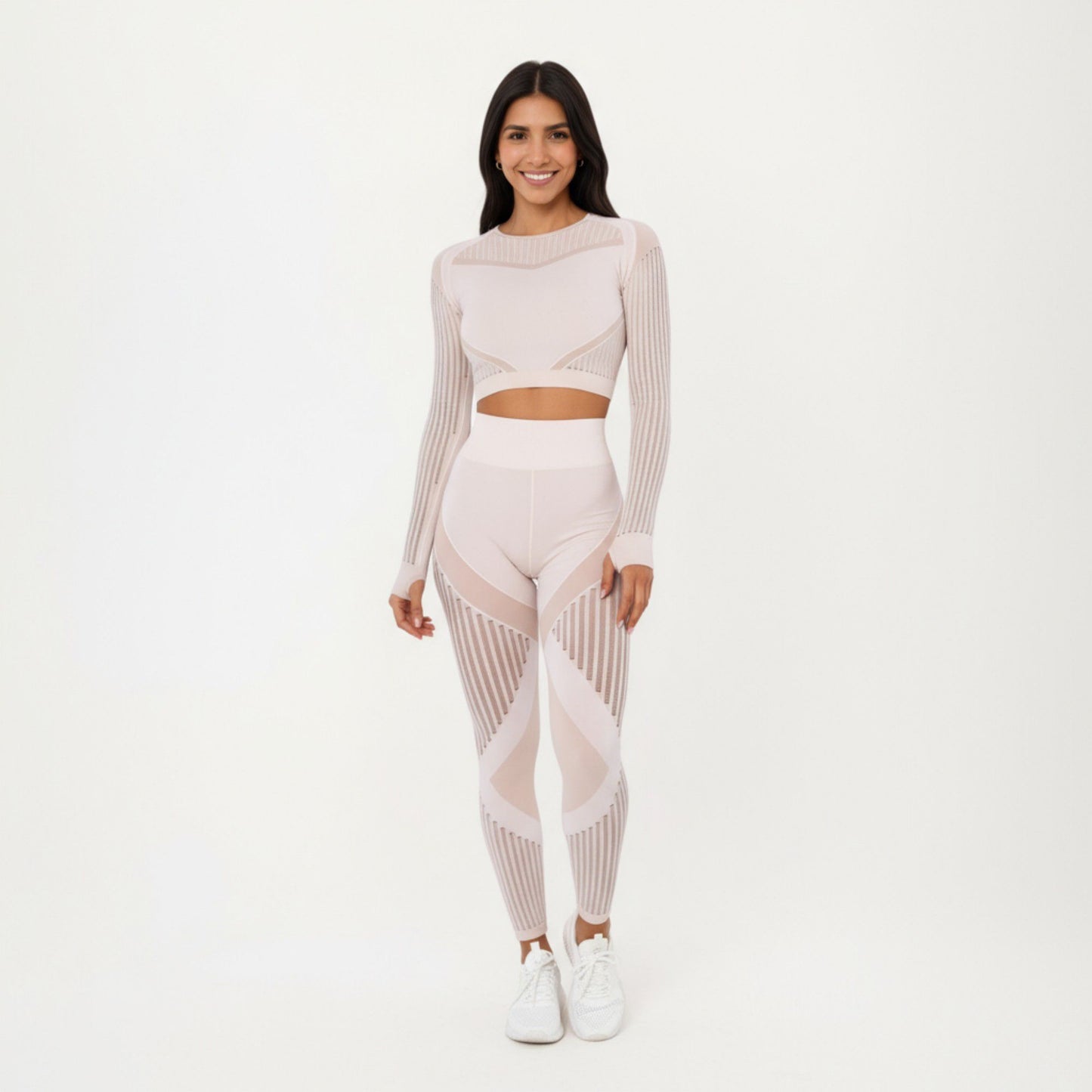 Long Sleeve Seamless Crop Top with Ribbed Texture and Contour Panels