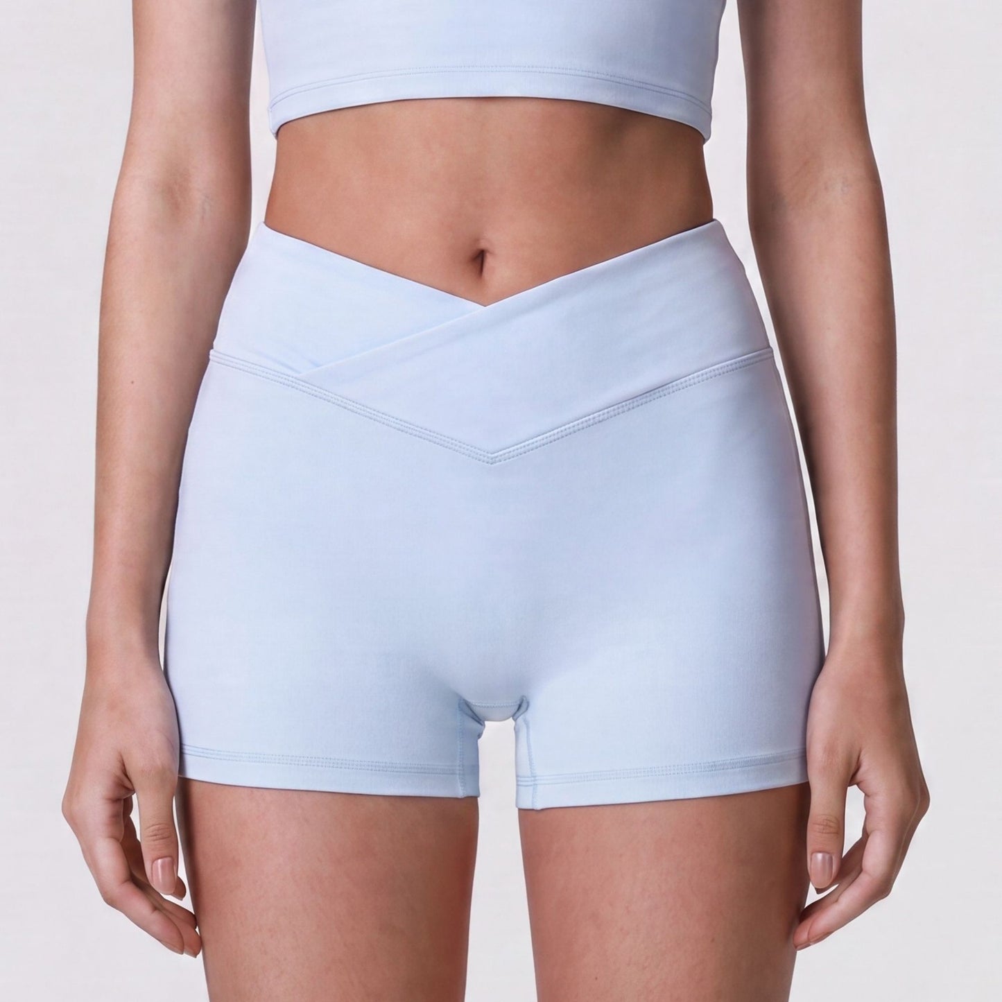 High Waist Crossover Athletic Shorts with Smooth Stretch Fabric and Fitted Biker Short Length