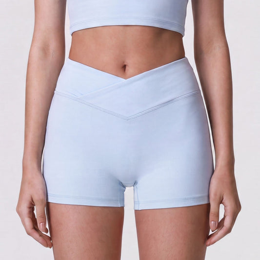 High Waist Crossover Athletic Shorts with Smooth Stretch Fabric and Fitted Biker Short Length