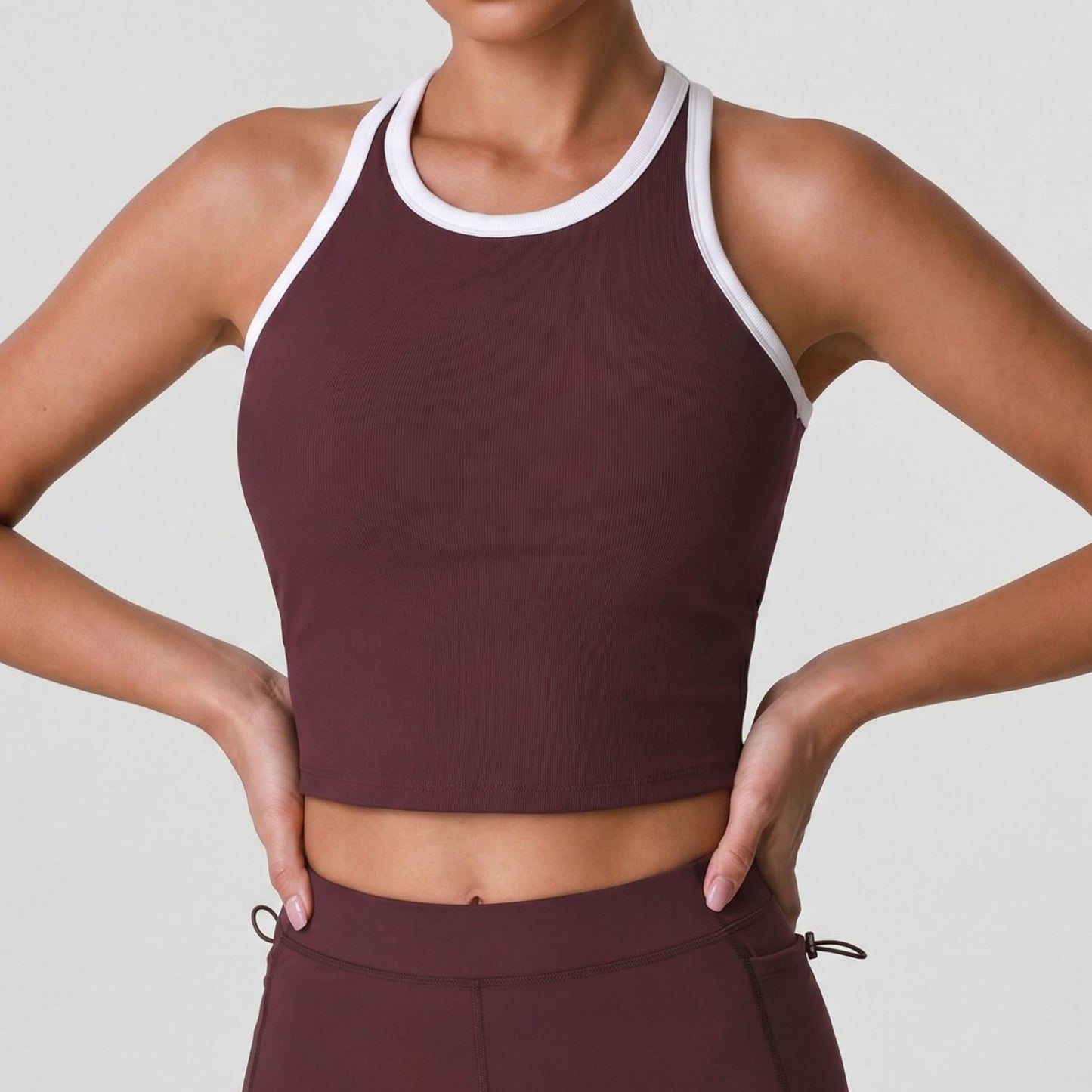 Padded Ribbed High Neck Sports Bra Tank Top Contrast Trim Workout Yoga Crop Top
