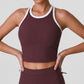 Padded Ribbed High Neck Sports Bra Tank Top Contrast Trim Workout Yoga Crop Top